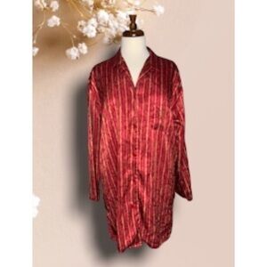 Victoria Secret Red & Gold Striped Satin Long Sleeve Button Down Sleep Shirt Med